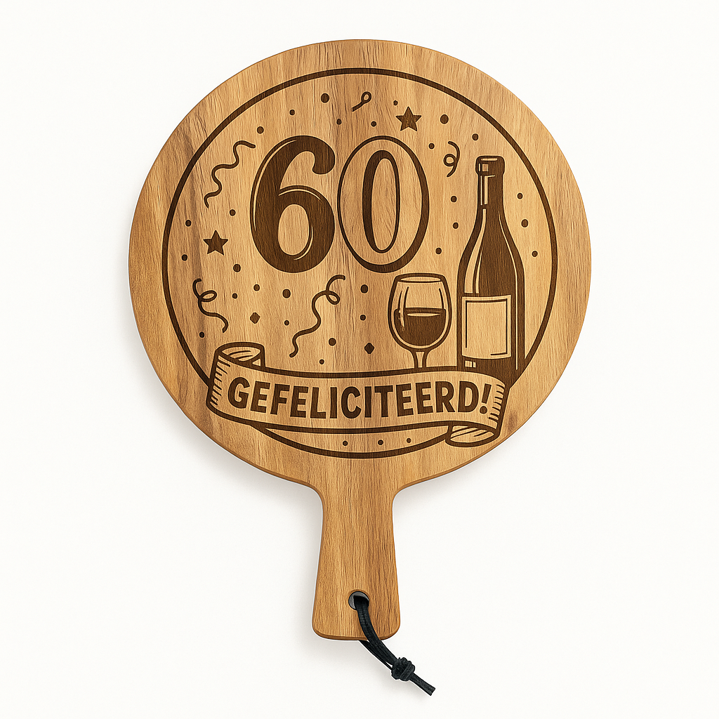 Ronde Acaciahouten Borrelplank – 60 Jaar Gefeliciteerd