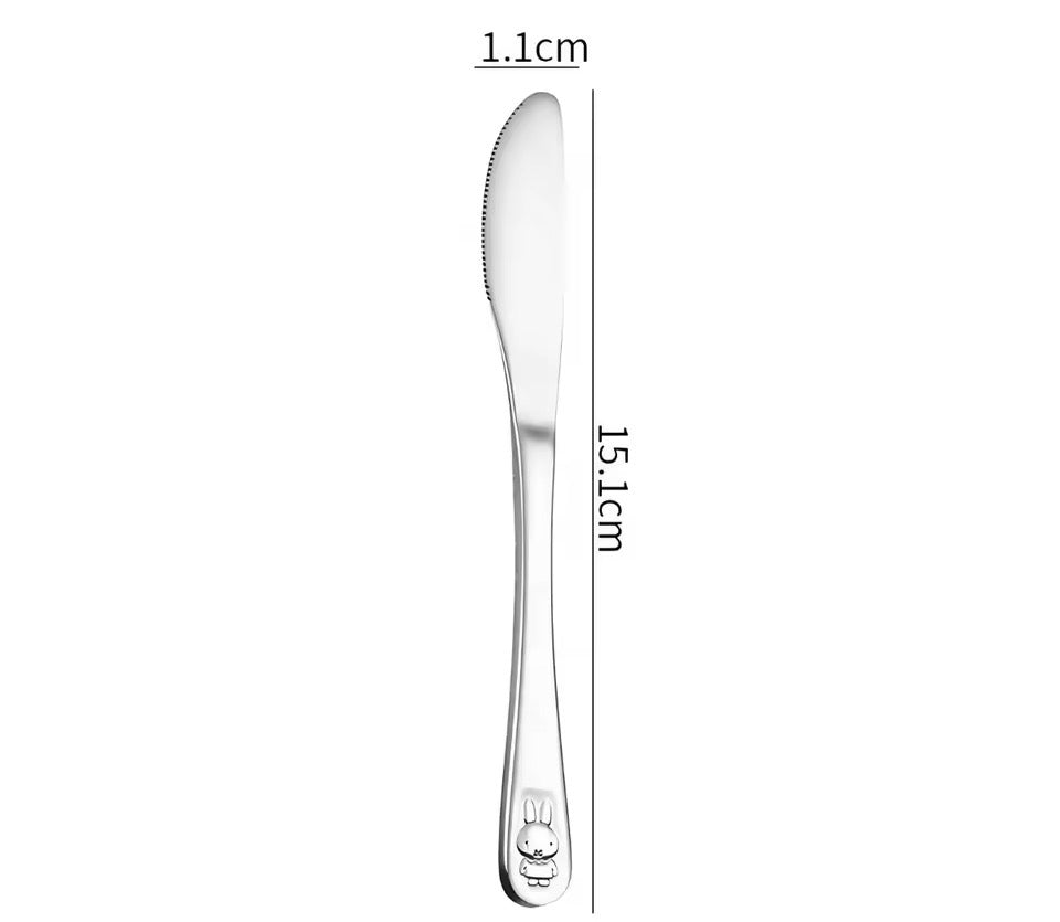 Kinderbestek 3-delig met naam gravure – RVS zilverkleurig – gepersonaliseerd kinderbestek met konijntje – cadeau voor baby / peuter / kind