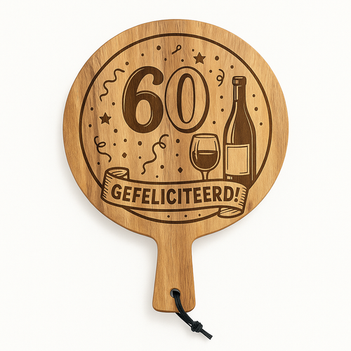 Ronde Acaciahouten Borrelplank – 60 Jaar Gefeliciteerd
