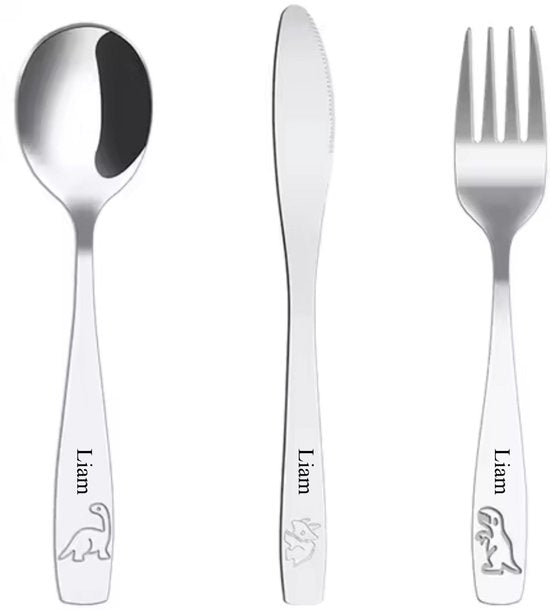 RVS Kinderbestek met Naamgravure – Gegraveerd Cadeau voor Baby of Kind – Gepersonaliseerd 3-Delig Setje