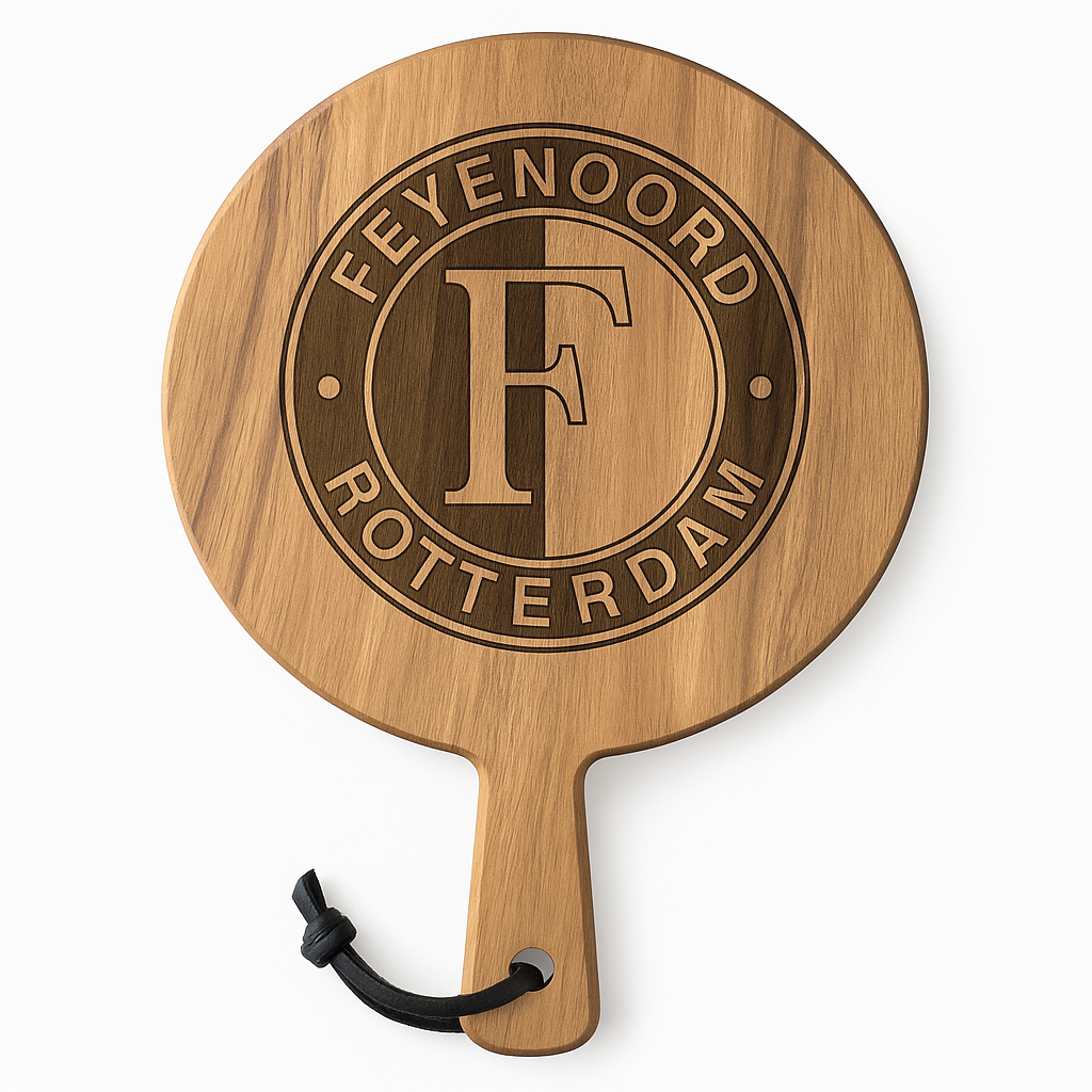 Ronde Acaciahouten Borrelplank – Ø 29,5 cm – Feyenoord Rotterdam Gravure