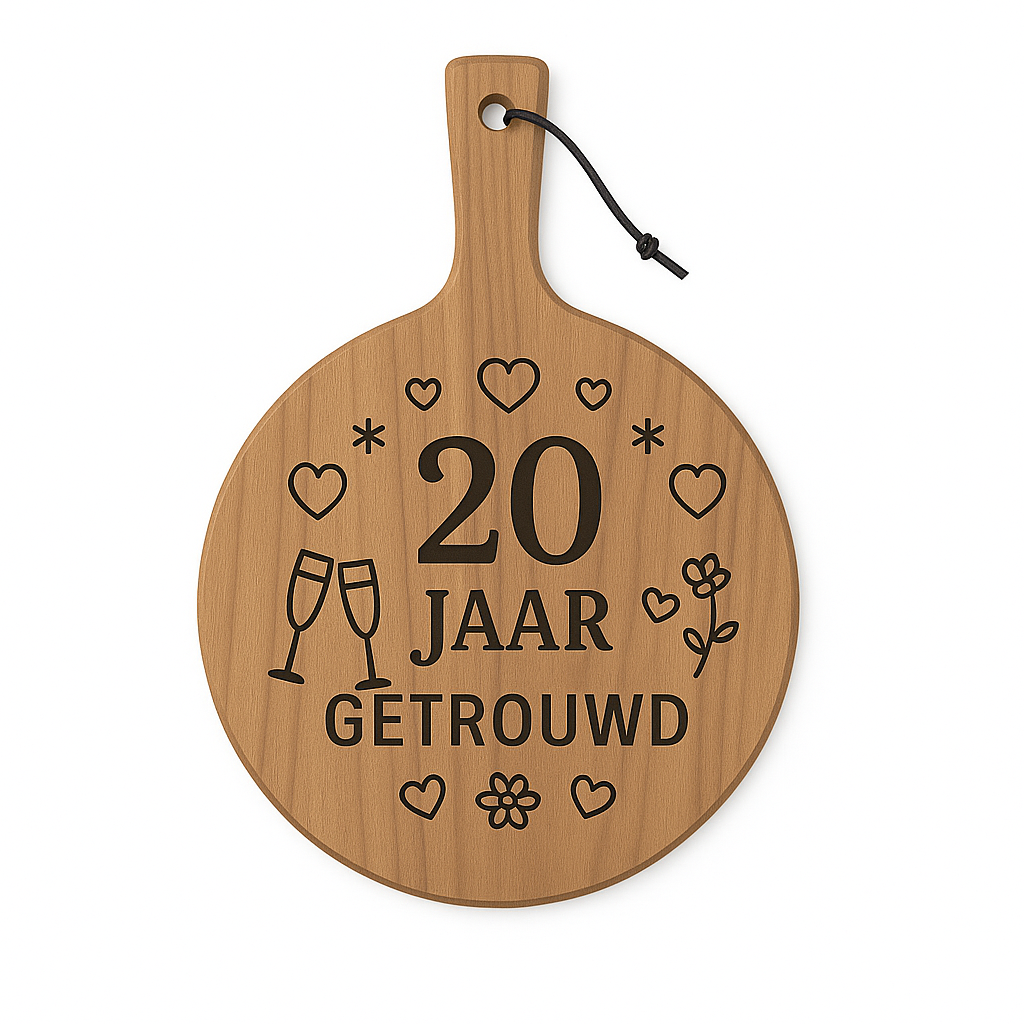 Ronde houten borrelplank met handvat Ø29,5 cm – Gravure 20 jaar getrouwd – Cadeau huwelijksjubileum