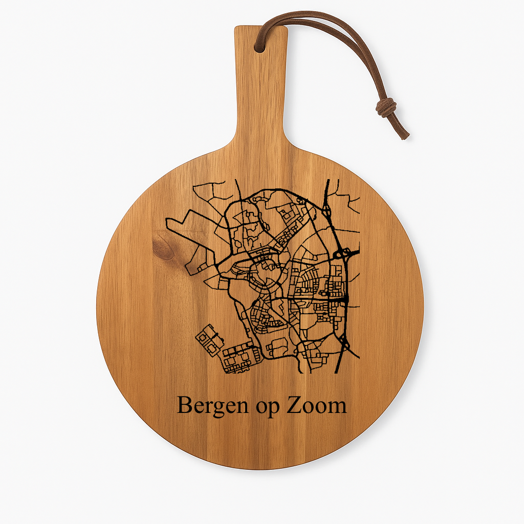 Ronde acacia borrelplank met gegraveerde stadskaart Bergen op Zoom – Graveau / Engraved acacia city board Bergen op Zoom – Graveau