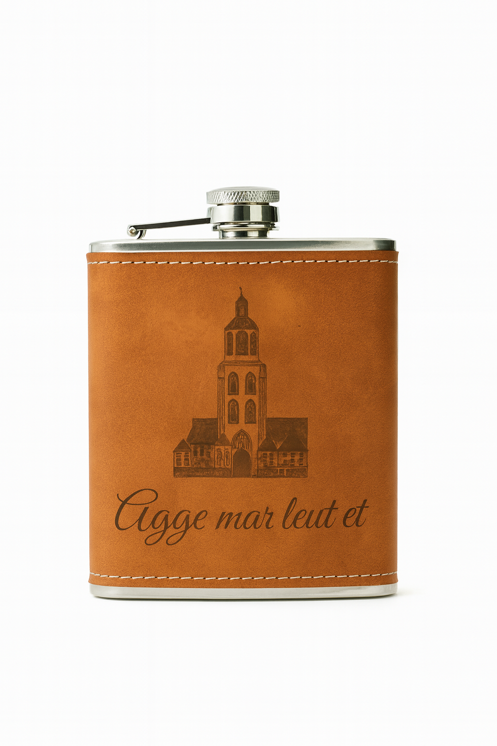 Leren heupfles met gravure ‘Agge mar leut et’ – Graveau / Personalized leather hip flask with engraving – Graveau